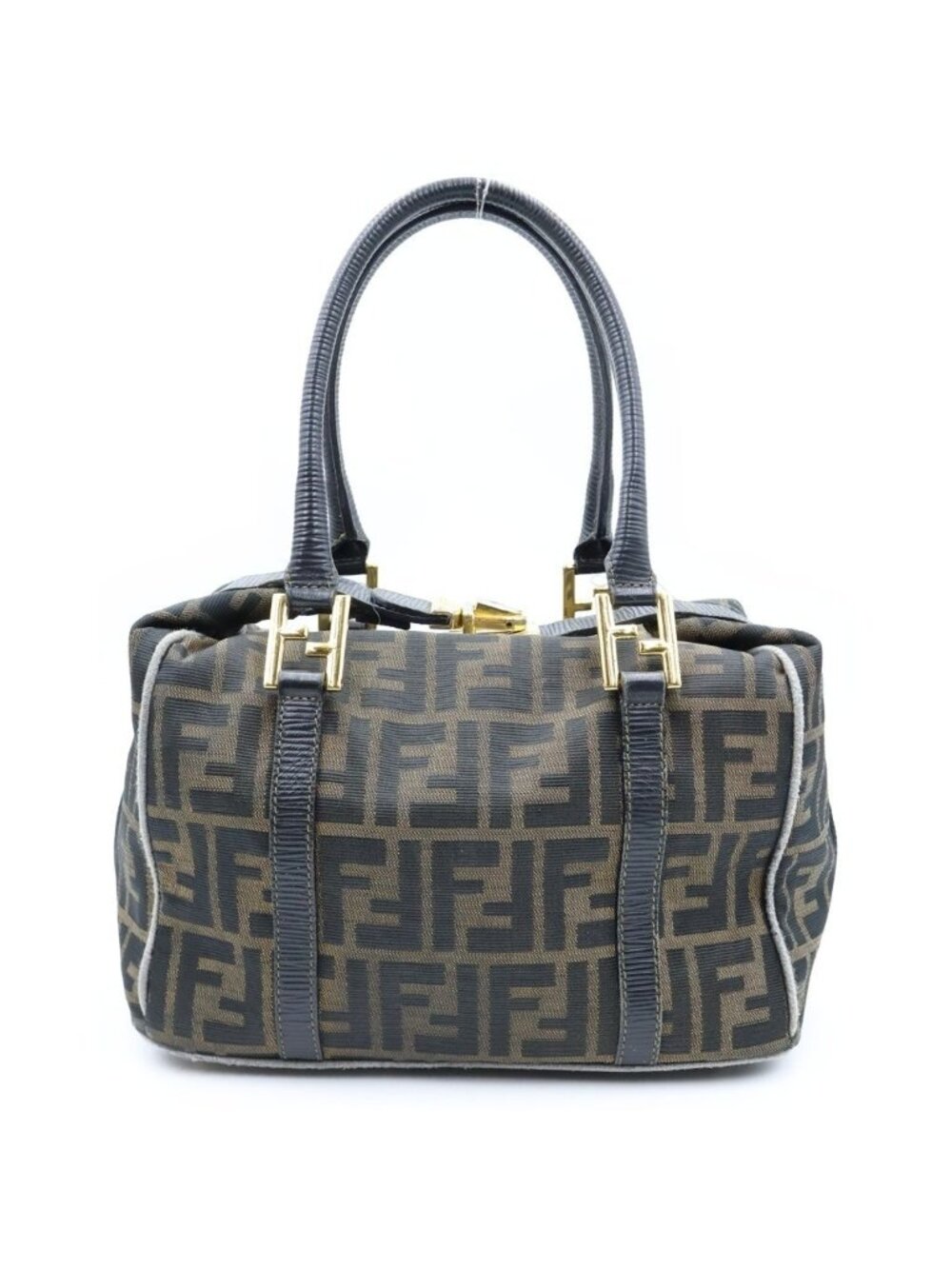 Fendi Zucca Mini Boston Bag Brown Black Leather Canvas Gold